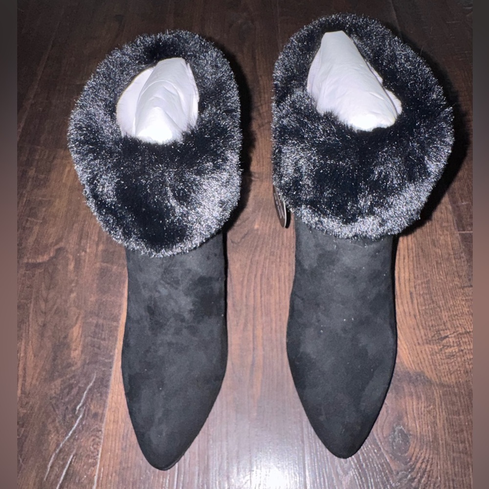Alfani Black Faux Fur Cuff Pointed Heeled Boots
